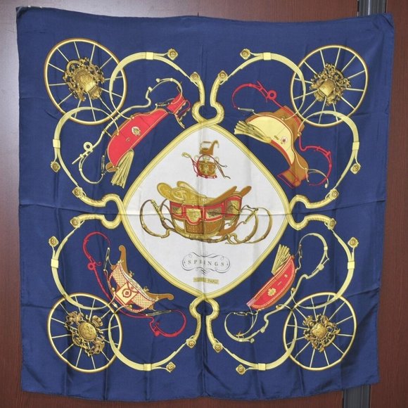 Authentic HERMES Carre 90 Scarf "SPRINGS" Silk Blue Navy